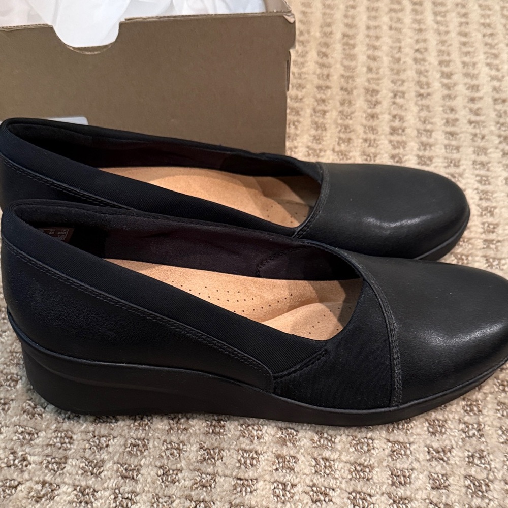Clarks Black Slip-On Wedge Loafers